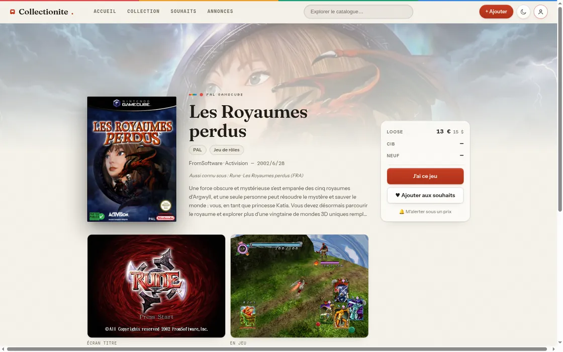 Fiche d'un jeu dans Collectionite : jaquette, jaquettes régionales et cote du marché en euros