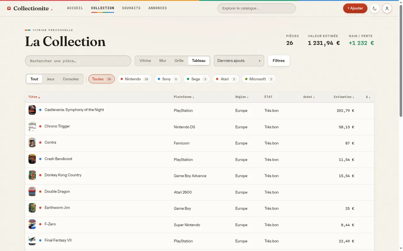 Vue Tableau : inventaire trié avec vignettes